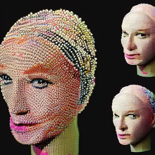 Prompt: A bust of an eccentric pop star made of beads and yarn studio lighting