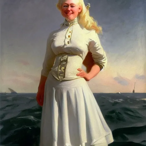 Image similar to painting of a muscular albino female sailor woman with broad shoulders, flowing white hair, and a confident smile, naval uniform, on a boat at sea. painting by john singer sargent and ivan aivazovsky, 4 k hd artstation