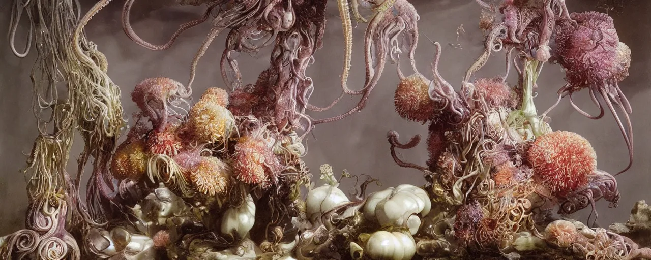 Prompt: ultradetailed photorealistic still life with jelly flowers by ernst haeckel, caravaggio, wayne barlowe, arnold böcklin, roger dean, mikalojus konstantinas ciurlionis and wadim kashin, rich moody colours, beautiful drapes, vases and a marble bust, tentacles, wide angle, minimalistic cinematic composition, 4k 3d render, 90-s anime, ethereal, lo-fi retro videogame