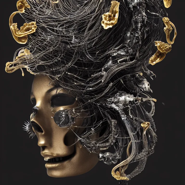 Image similar to black background. absolutely symmetrical sculpture. centered. goddess princess face close-up portrait ram skull. sculpture made of gold and black charcoal. jellyfish phoenix head, nautilus, orchid, skull, betta fish, bioluminiscent creatures, intricate artwork by Tooth Wu and wlop and beeple. octane render, trending on artstation, greg rutkowski very coherent symmetrical artwork. cinematic, hyper realism, high detail, octane render, 8k