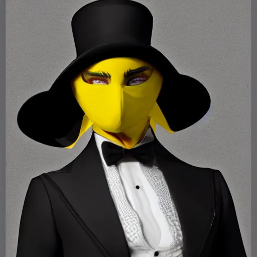 Image similar to a highly detailed portrait of a man in a high top hat covering his face, in a black tailcoat with a yellow waistcoat under the tailcoat, artstation, deviantart, professional, unreal engine 5, photorealistic