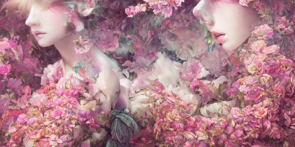 Image similar to breathtaking detailed concept art painting pattern blend of flowers and girls, by soey milk, bizarre compositions, exquisite detail, pastel colors, 8 k