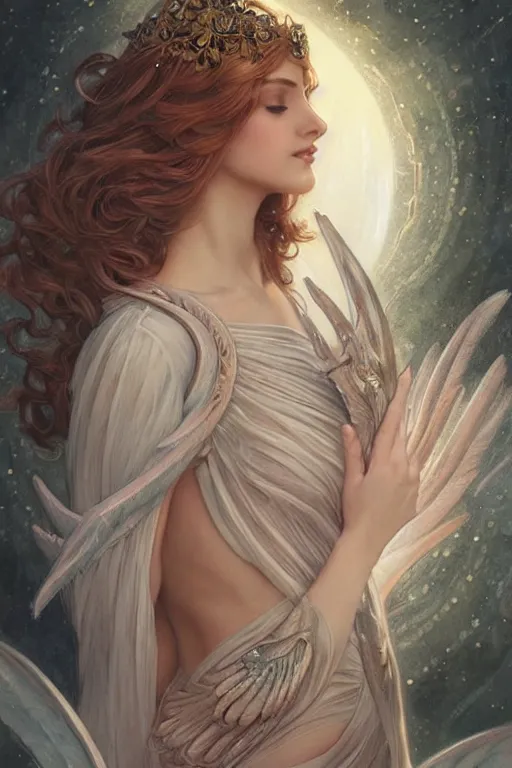 Prompt: young women , fantasy, intricate, elegant, dramatic lighting, glowing halo, gorgeous face, sexy gown, angelic wings, highly detailed, lifelike, photorealistic, digital painting, artstation, illustration, concept art, smooth, sharp focus, art by John Collier and Albert Aublet and Krenz Cushart and Artem Demura and Alphonse Mucha
