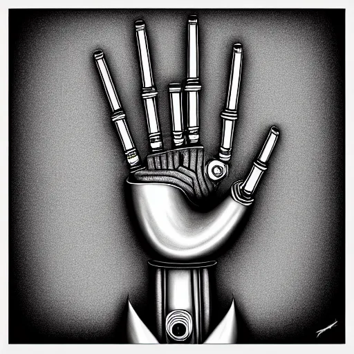 Prompt: robot hand drawing, by tony diterlizzi, tim burton, hr giger, ilford hp 5, 5 5 mm, machinecore by artgerm, 3 d render, gothcore, beeple, joseph leyendecker, carlo carra