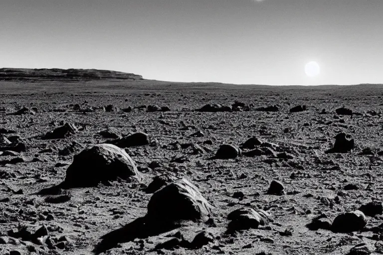 Image similar to photo taken from the surface a barren alien planet, two suns and a gas giant planet in the sky, black and white spielberg 3 5 mm film cinematic 4 k