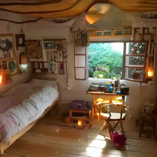 Image similar to the inside of a small cottage, studio ghibli, small details, cozy atmosphere, warm lighting