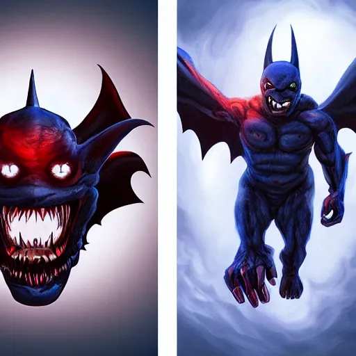 Image similar to front and back character view of scary, giant, mutant, mutated, dark blue humanoid bat, glowing red eyes, flying above a stormy ocean, sharp teeth, acid leaking from mouth, realistic, giant, bat ears, bat nose, bat claws, bat wings, furred, covered in soft fur, detailed, trending on artstation clean concept art and sheet that using unreal engine 5 render and hyper detailed 3D texture with cinematic software light 85mm f/1.4