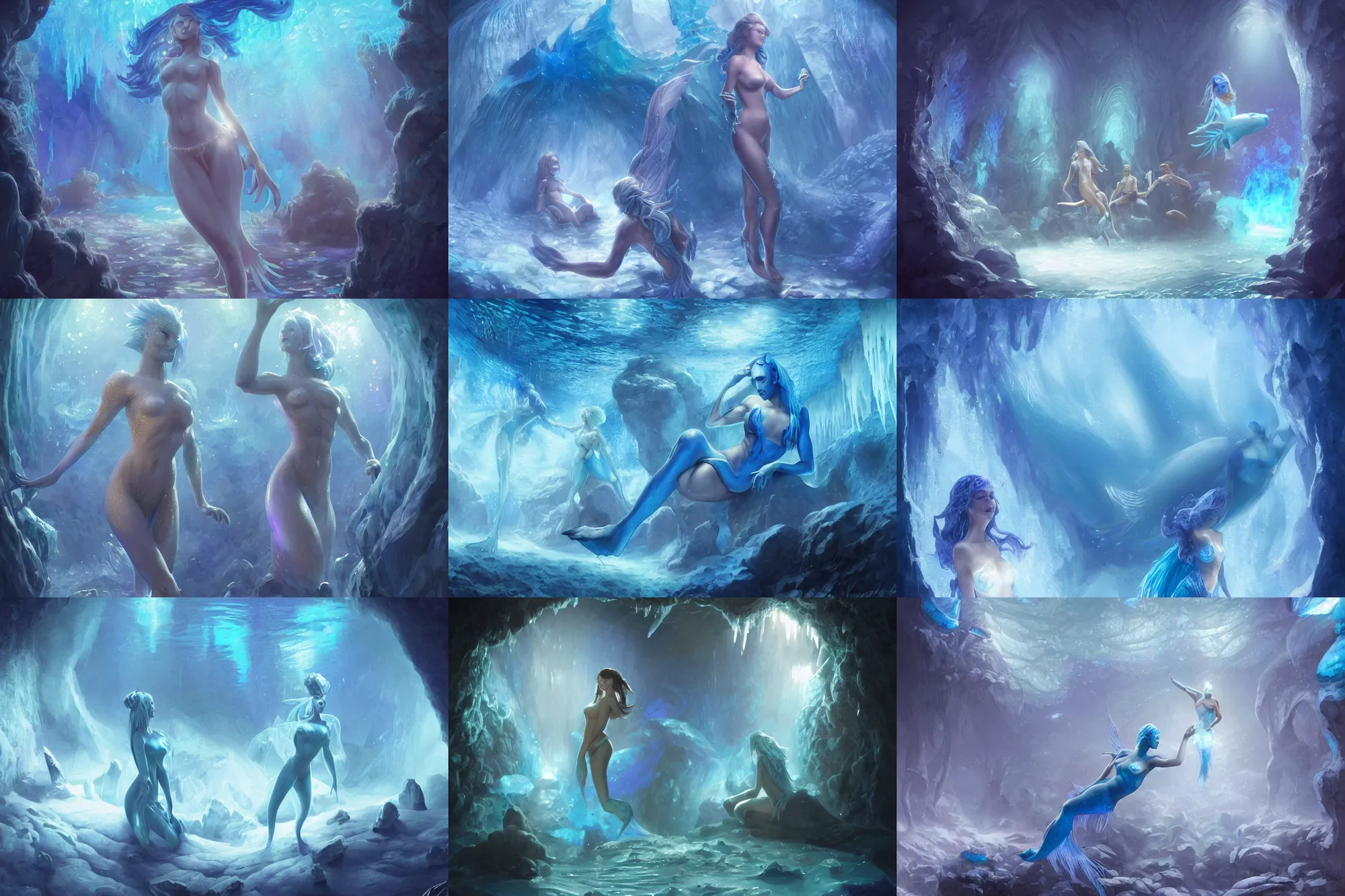 Prompt: blue - skinned merfolk encased in ice, underwater crystal caverns, concept art, beautiful blue lights, glowing crystals, d & d, fantasy, highly detailed, masterpiece, volumetric lighting, digital painting, artstation, smooth, sharp focus, illustration, art by artgerm, by greg rutkowski