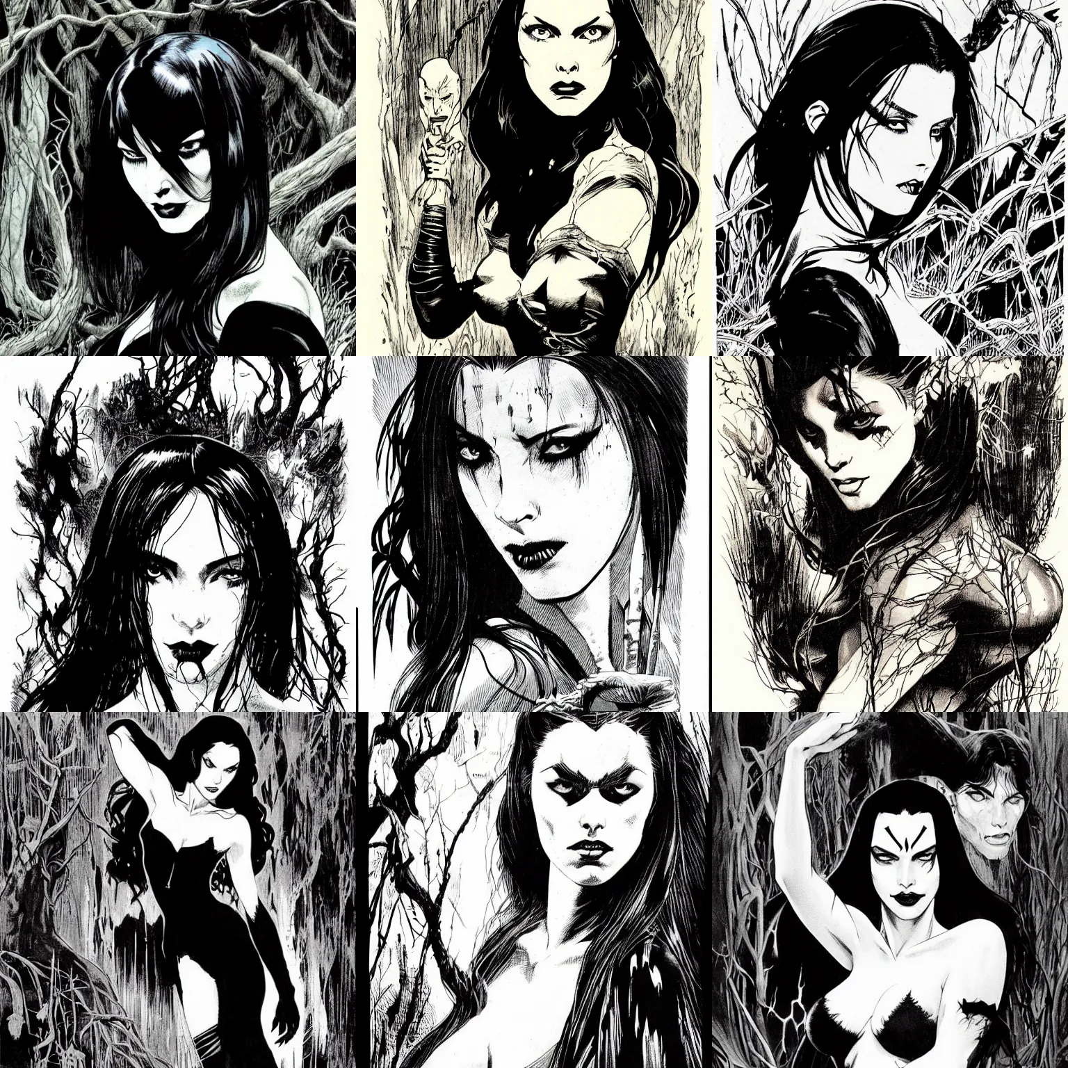 Prompt: portrait of a beautiful woman, pale skin, black hair, marvel comics, dark, vampire, sorceress, intricate, overgrown swamp, queen of marshes, highly detailed, smooth, black and white, comic inks, splash page, by frank frazetta