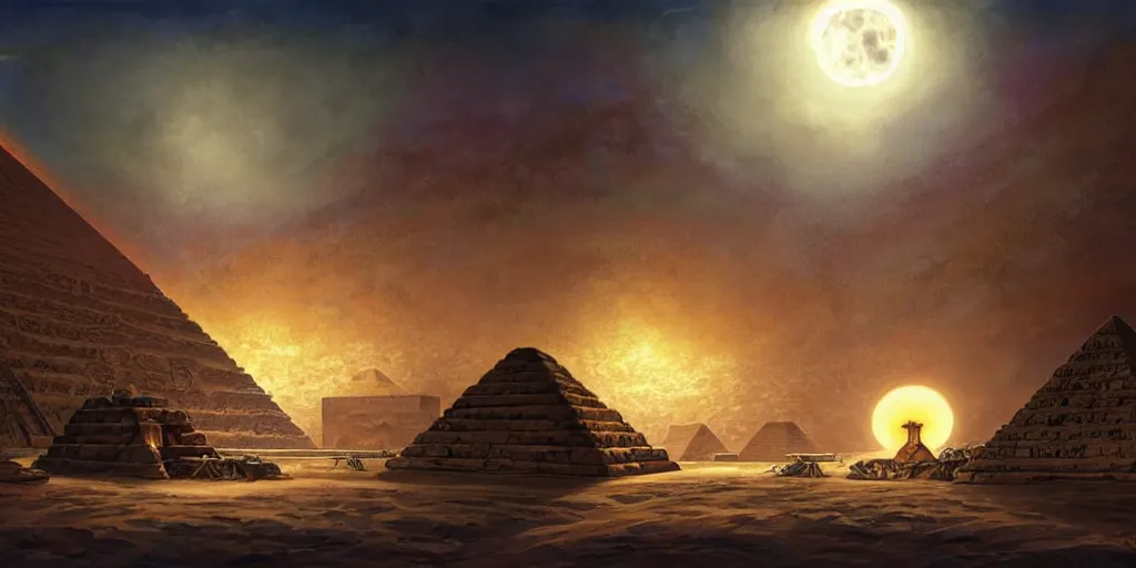 Image similar to ancient tomb below pyramids with cleopatra inside, the pyramids overlap a big flying stingray, crab, starfish, octopus, and fish flying, night scene, full moon, highly detailed, digital painting, artstation, concept art, matte, sharp focus, illustration, art by artgerm and greg rutkowski and alphonse mucha