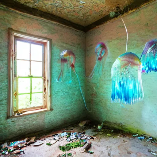 Prompt: abandoned cottage interior filled with iridescent jellyfish swarming lush coral