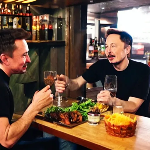 Prompt: steve jobs with elon musk in a small bar in brazil eating typical brazilian food, very details, cinematic, ultra realistic