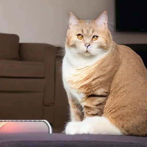 Prompt: a very sad fat cat Sitting on a chair in Front of a tv