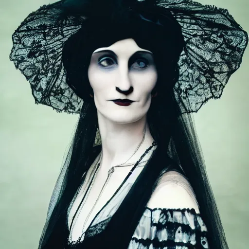 Prompt: close photo portrait of a gothic woman wearing 1 9 2 0'clothes, long hook nose, colorized