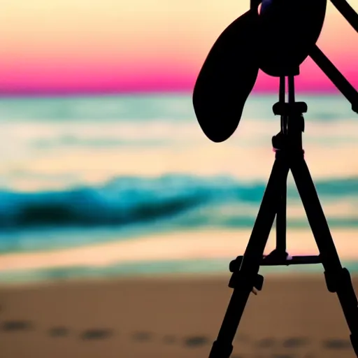 Prompt: a silhouette of a college girl with sunglasses in front of a tripod on the beach with a few cute pink hearts in the air