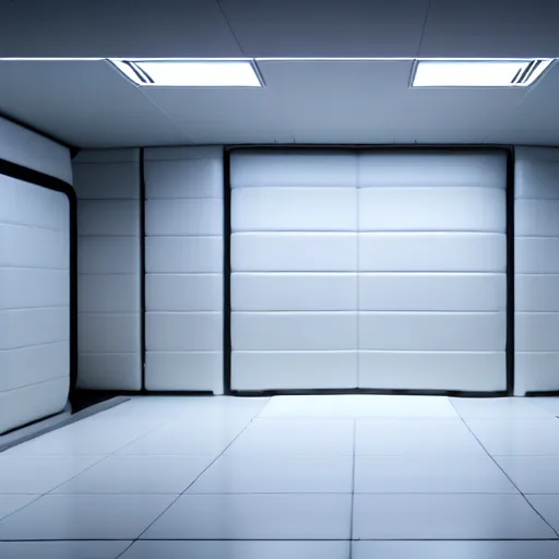 Image similar to a white room 1 2 ft long x 1 0 ft wide x 8 ft tall, geometrically perfect, clean and empty, sci fi spaceship futuristic paneling unreal engine, general studio lighting, 8 k,