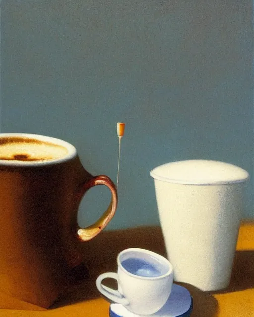 Prompt: 'brain foam cup of coffee' by michael sowa, still life, far shot, blue background, vibrant, brain, realism