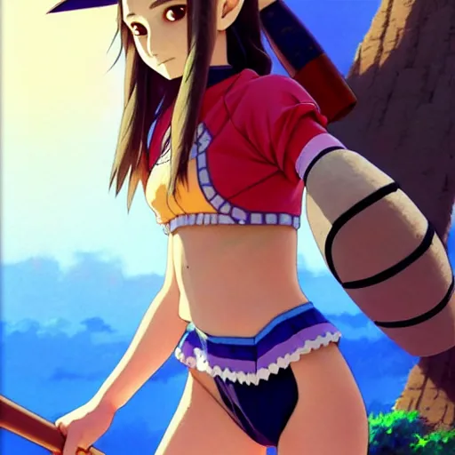 Image similar to beautiful boyish natalie portman gravure model in majora's mask, wearing wooden mask and baseball cap and leotard, street wear with subtle mayan patterns, aztec bathing suit, gapmoe yandere grimdark, trending on pixiv fanbox, painted by greg rutkowski makoto shinkai takashi takeuchi studio ghibli, akihiko yoshida