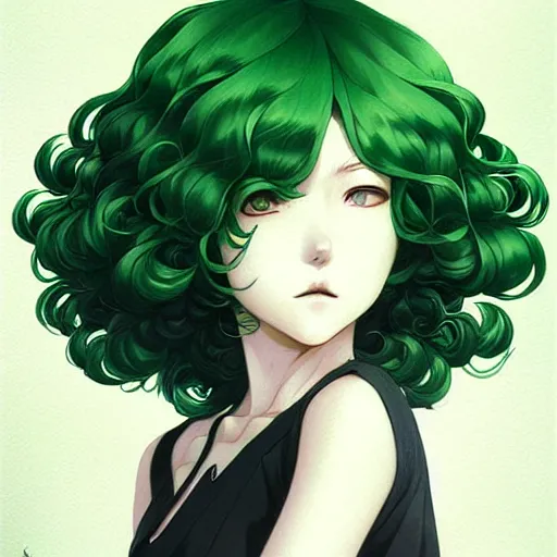 Image similar to detailed portrait art of tatsumaki with green curly hair, art by ross tran ilya kuvshinov krenz cushart, very detailed, intricate, digital anime art, sharp focus