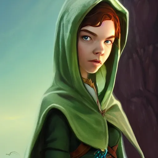 Image similar to Portrait of Anya Taylor-Joy as an elf ranger, pale green hooded cloak, lord of the rings, mattepainting concept Blizzard pixar maya engine on stylized background splash comics global illumination lighting artstation lois van baarle, ilya kuvshinov, rossdraws