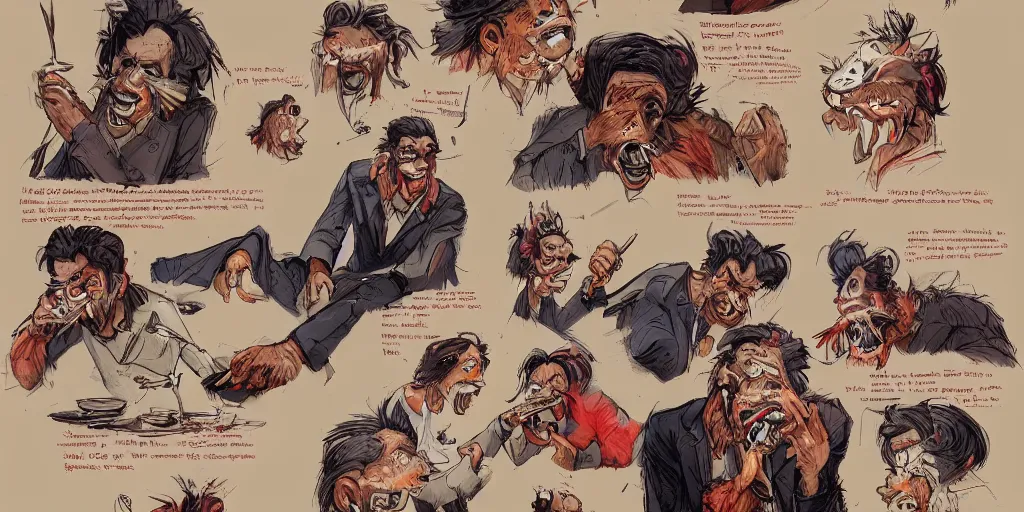 Image similar to cartoonish many sides of nick cave eating dinner, vivid colors, character sheet, fine details, concept design, contrast, kim jung gi, greg rutkowski, trending on artstation, 8 k, full body, turnaround, front view, back view, ultra wide angle