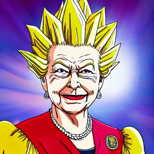 Image similar to Queen Elizabeth as a super saiyan