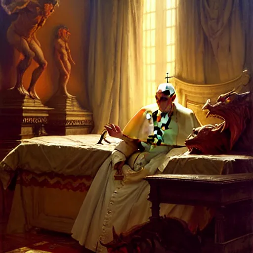 Prompt: the pope is in his bed, sweating, nervous and terrified, because a double horned shadow demon from hell lurks in the wall of the bedroom. highly detailed painting by gaston bussiere, j. c. leyendecker, greg rutkowski, craig mullins 8 k