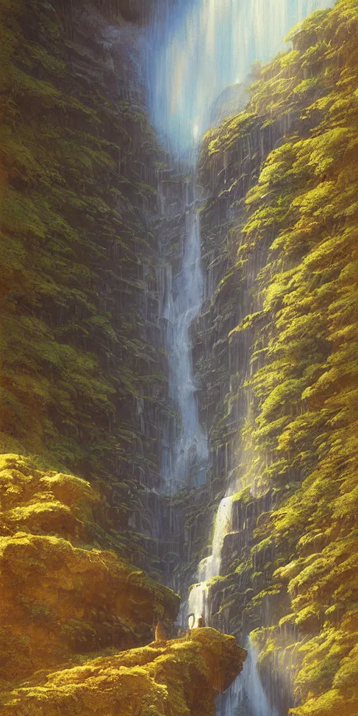 Prompt: ancient monument waterfall, golden light, john howe, ilya kushinov, by makoto shinkai, studio ghibli, gouache matte painting, ultra detailed