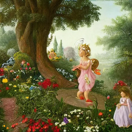 Image similar to a whimsical garden scene. In the computer art, a young girl can be seen playing among the flowers and trees, while a fairy watches over her. winter by Joachim Brohm random