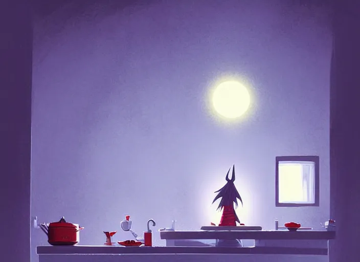 Prompt: Beautiful nostalgic digital art of a minimalistic dim lit kitchen from Tim Burtons Nightmare Before Christmas in autumn at night by Christopher Balaskas
