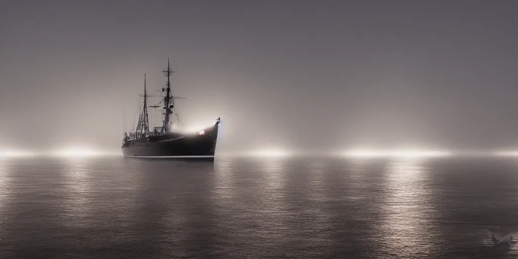 Prompt: bismarck sailing through thick fog at night, high detail, high definition, photorealistic, 8k