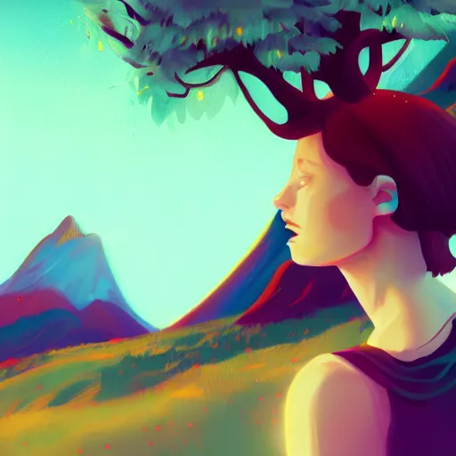 Image similar to photo of woman outside inspired by lois van baarle, background mountains, 8 k