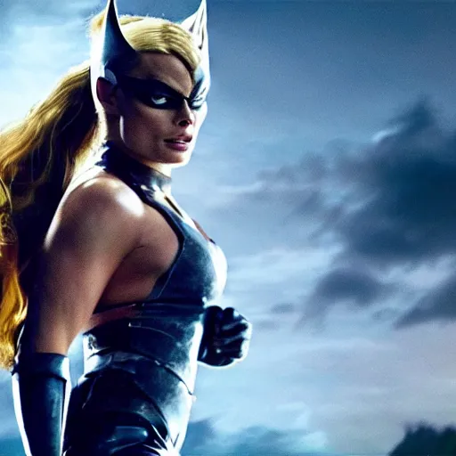 Image similar to an award winning cinematic still of beautiful Margot Robbie as Wolverine in epic battle pose , 16k hyper realistic photograph, centered, dramatic lighting