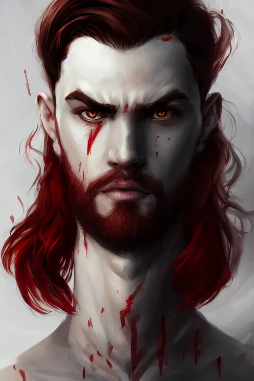 Prompt: A handsome man with a blood red hair, white eyes, fantasy, portrait, sharp focus, intricate, elegant, digital painting, artstation, matte, highly detailed, concept art, illustration, ambient lighting