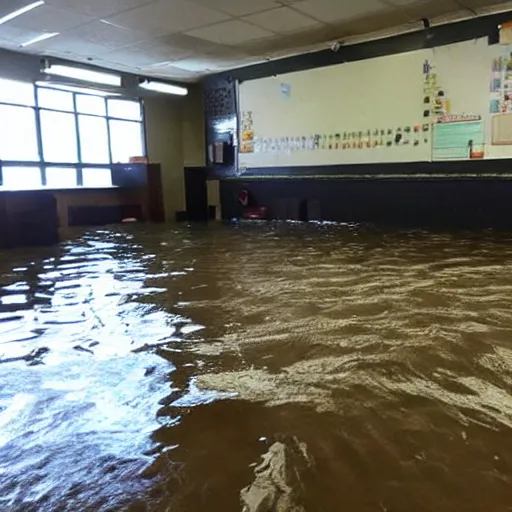 Prompt: photo of a classroom, the floor is flooded with one meter deep water. dark scary figure in the distance. eerie.