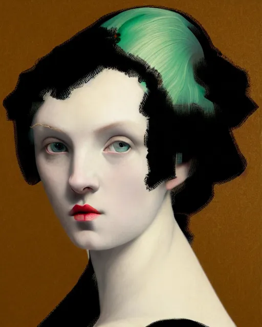Image similar to photo-realistic portrait of a young pale woman with green hair, wearing a black t-shirt by Vivienne Westwood, intricate details, super-flat, in the style of James Jean, Jean Auguste Dominique Ingres, black background