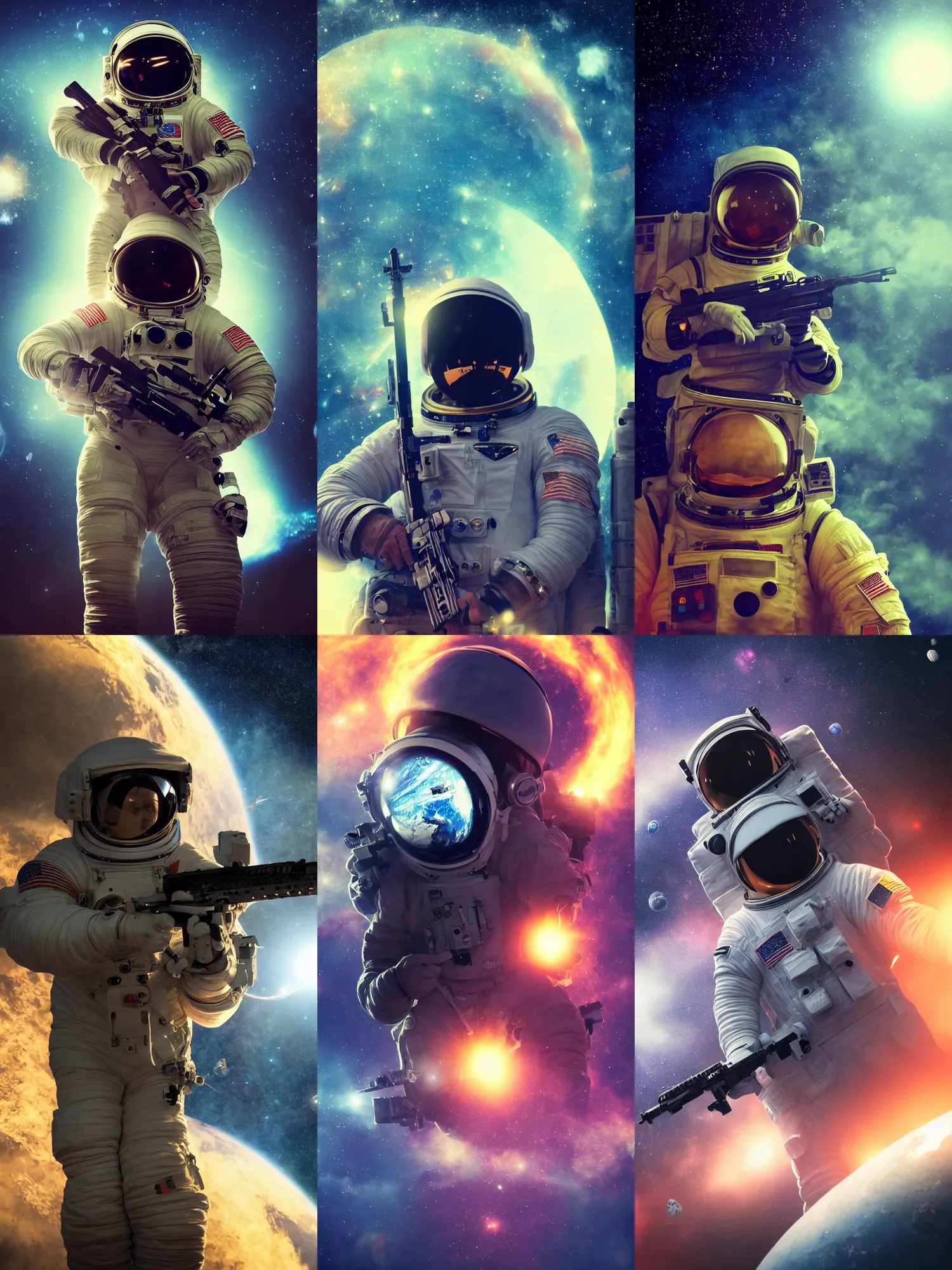 Prompt: high detail close up portrait of an astronaut-soldier holding an assault rifle floating in space inside magic colorful glowing sparkling fog, circular planet behind it, starry sky, tranquil, desolate, atmospheric, hazy, autochrome, 8k, reflections, octane render, unreal engine 5