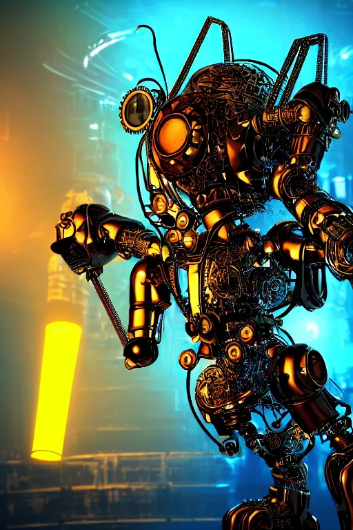 Image similar to portrait photo of a giant huge golden and blue metal humanoid female steampunk robot singer with headphones and gears and tubes, in the foreground is a big red glowing microphone on a tripod, eyes are glowing red lightbulbs, shiny crisp finish, 3 d render, 8 k, insaneley detailed, fluorescent colors, background is multicolored lasershow