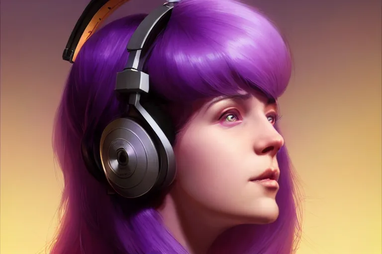 Image similar to wide - shot of stunningly beautiful purple haired female with headphones at home studio streaming computer games late at night, very detailed, 4 k, concept art like ernest khalimov, intricate details, highly detailed by greg rutkowski, ilya kuvshinov, gaston bussiere, craig mullins, simon bisley, backlit