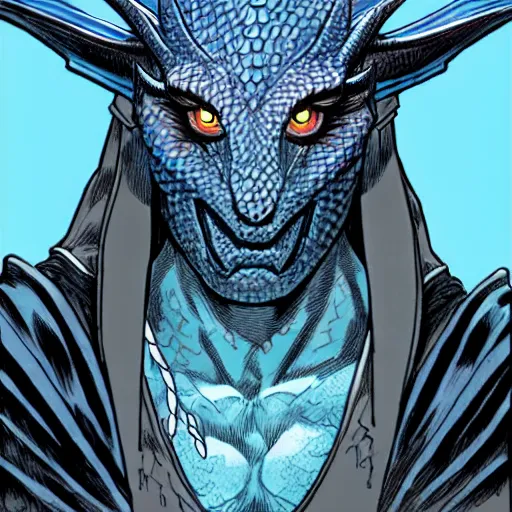 Image similar to head and shoulders porrtrait of a medieval fantasy anthropomorphic blue dragon - human hybrid with electrcity magic, fantasy, d & d, high details, art by phil noto and frank miller