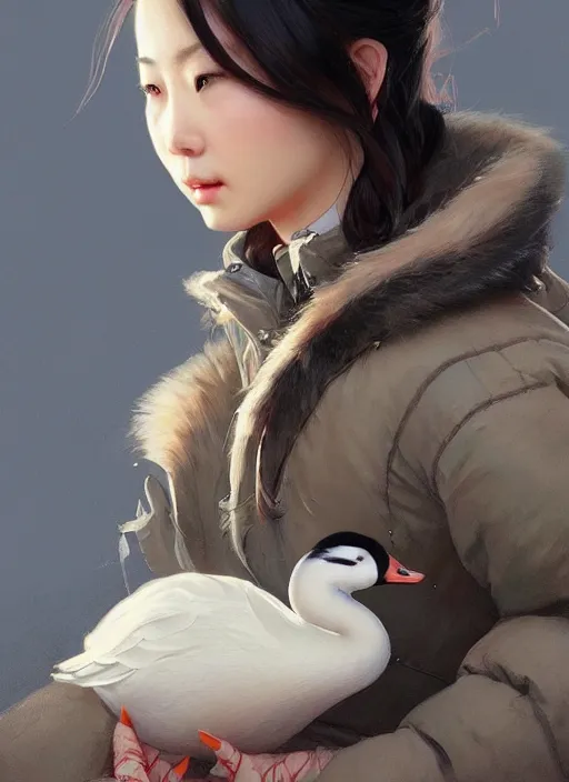 Image similar to a beautiful chinese woman in down jacket ， a goose ， winer ， wenjun lin intricate, elegant, highly detailed, digital painting, artstation, concept art, matte, sharp focus, illustration, hearthstone, art by artgerm and greg rutkowski and alphonse mucha