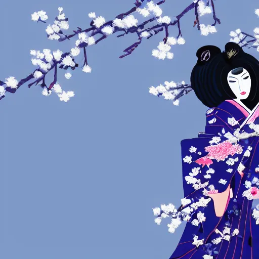 Image similar to a geisha with indigo colored geisha outfit holding out a raven with its wings spread ready to fly. snow falling in the night. japanese cherry blossoms by a babble ultrarealistic 8 k