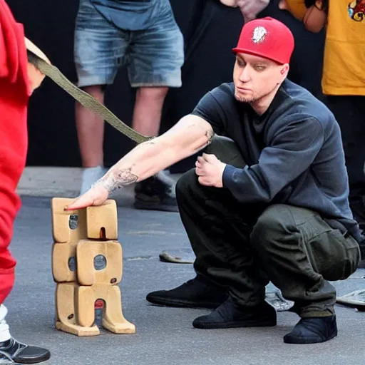 Image similar to Eminem with a dog plays with wooden blocks at Central Park