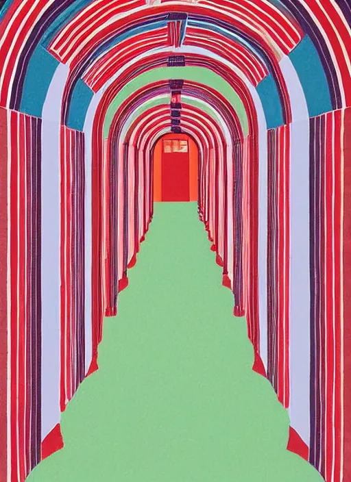 Image similar to a hockney painting of a hallway with round arches decorated by wes anderson