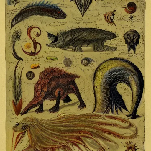 Image similar to bestiary of creatures from the depths of the unconscious psyche