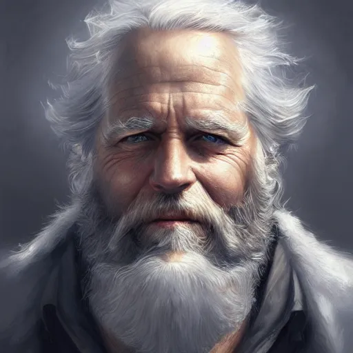 Prompt: Old man, open blue eyes, bushy white beard, digital painting, lots of details, extremely detailed, 4k, intricate, brush strokes, Mark Arian, Artgerm, Bastien Lecouffe-Deharme
