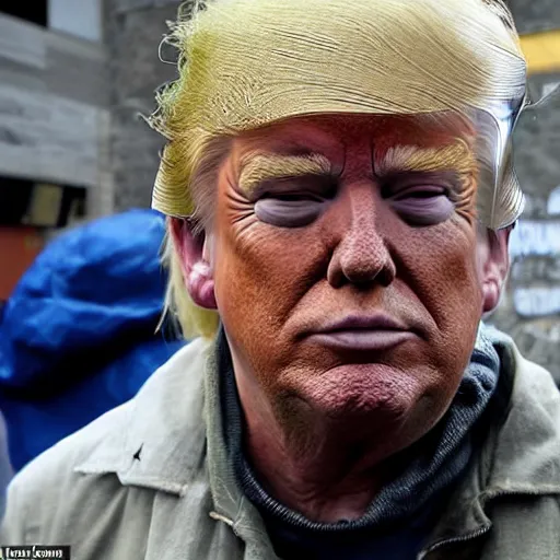 Image similar to donald trump dressed as a homeless man living in the slums