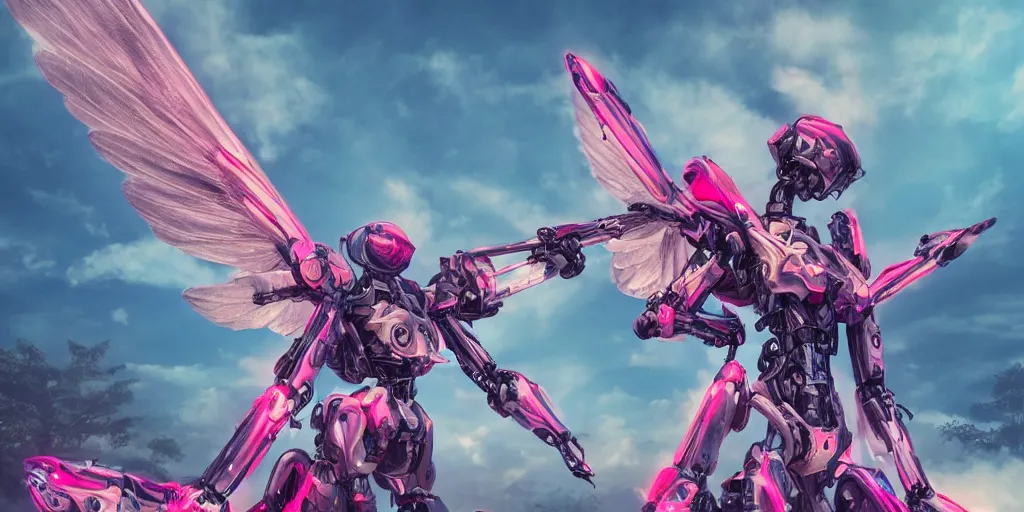 Image similar to a female mecha saints with huge feature wings flying in the fantasy forest by merriam, daniel, intricate mechanical details, futuristic, 2 k aesthetic, dramatic lighting, concept art, 4 k, 3 d octane render, pink and red collection, highly saturated colors, provenance, detailed, trending on artstation