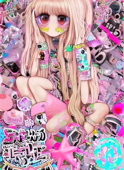Image similar to 3 d decora gyaru fashion melting anorexic pastel cute pallete slimy angelic angel character, decora inspired illustrations, maximalist cgi, soft lighting, glitter glue, checkered burberry patterns, scribbles and doodles