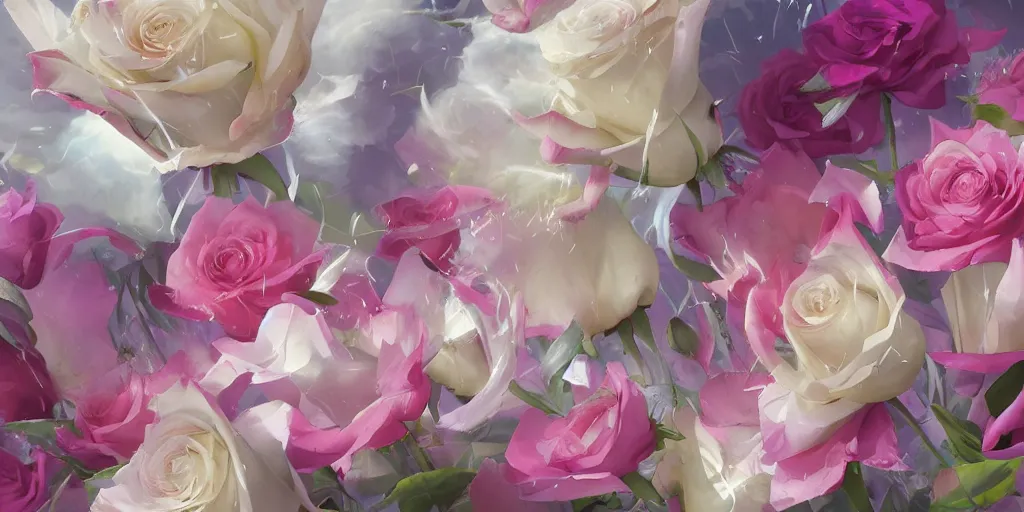 Image similar to background art of magic invisible blade slicing through a bouquet of white and pink roses, flowers exploding and spraying and splattering, big puffy clouds, exploding roses, large rose petals, lotus petals, large polygonal background elements, large polygons, dramatic anime, dramatic radiant lighting, artgerm, manga, trending on artstation, art nouveau, mature colors